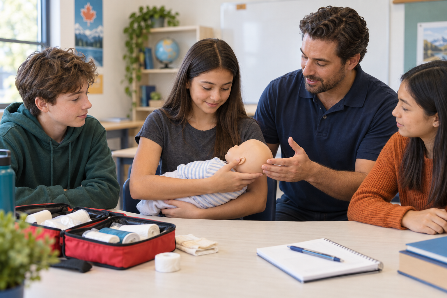 Illustration of young learners practising safe handling of a clothed training doll with an adult instructor