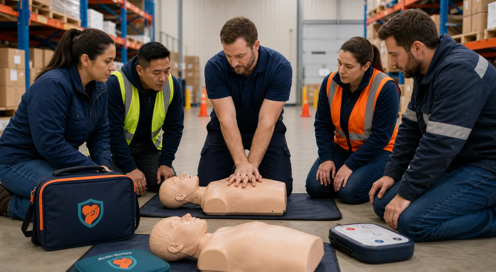 Illustration d’une formation en milieu de travail où des employés pratiquent la RCR sur un mannequin dans un entrepôt