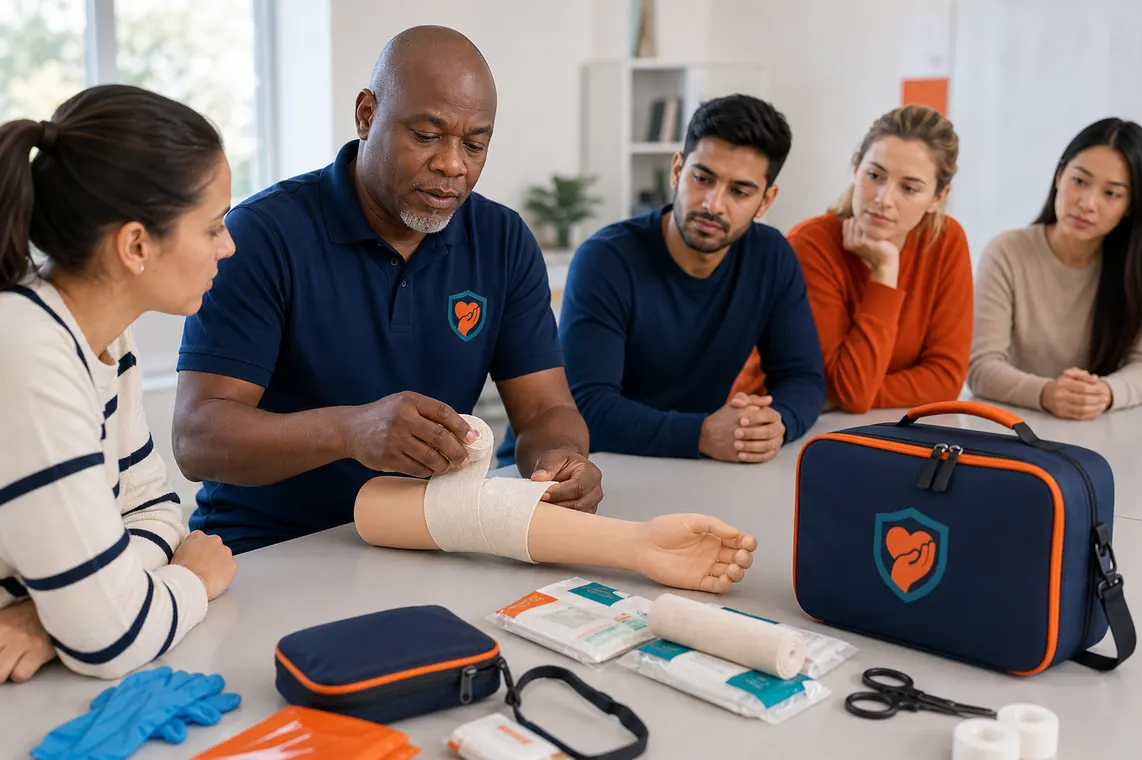 Training illustration of an instructor demonstrating bandaging to a small group