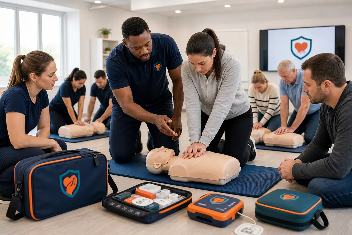 Illustration of a group practising CPR with an instructor
