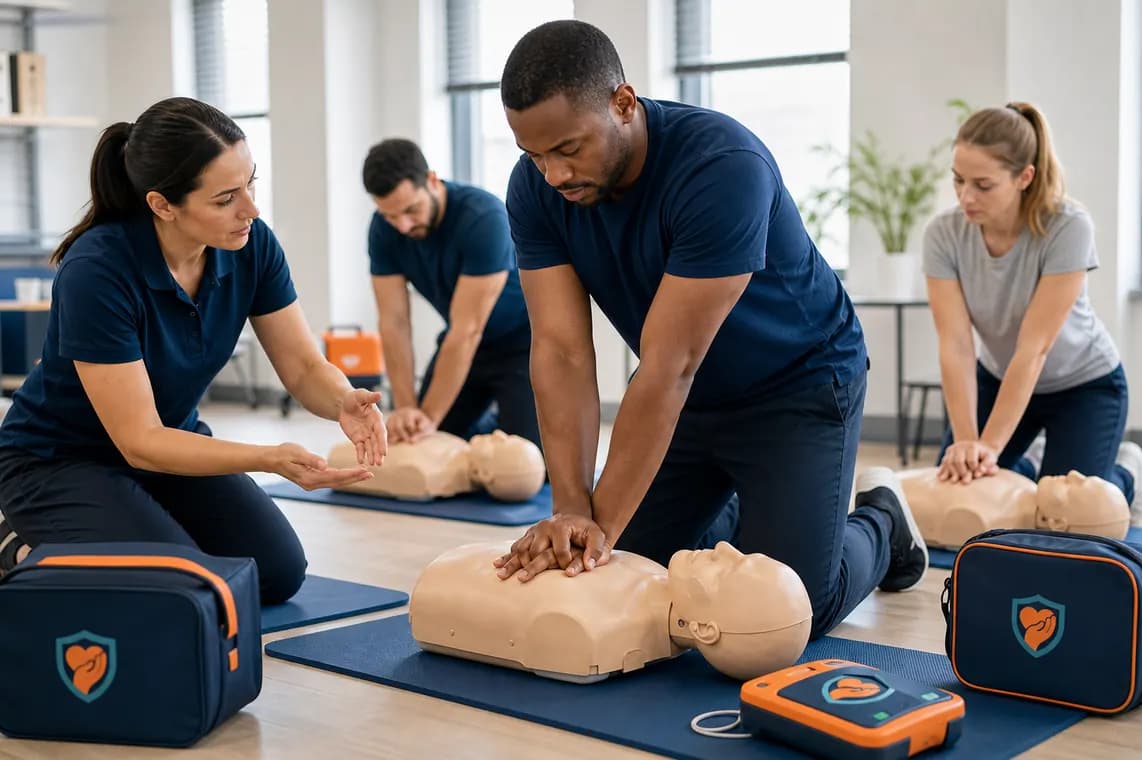 Learners practicing CPR compressions on training manikins in a class