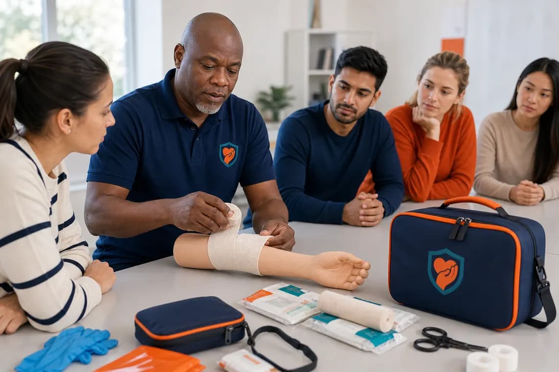 Instructor demonstrating first aid bandaging practice in a training class