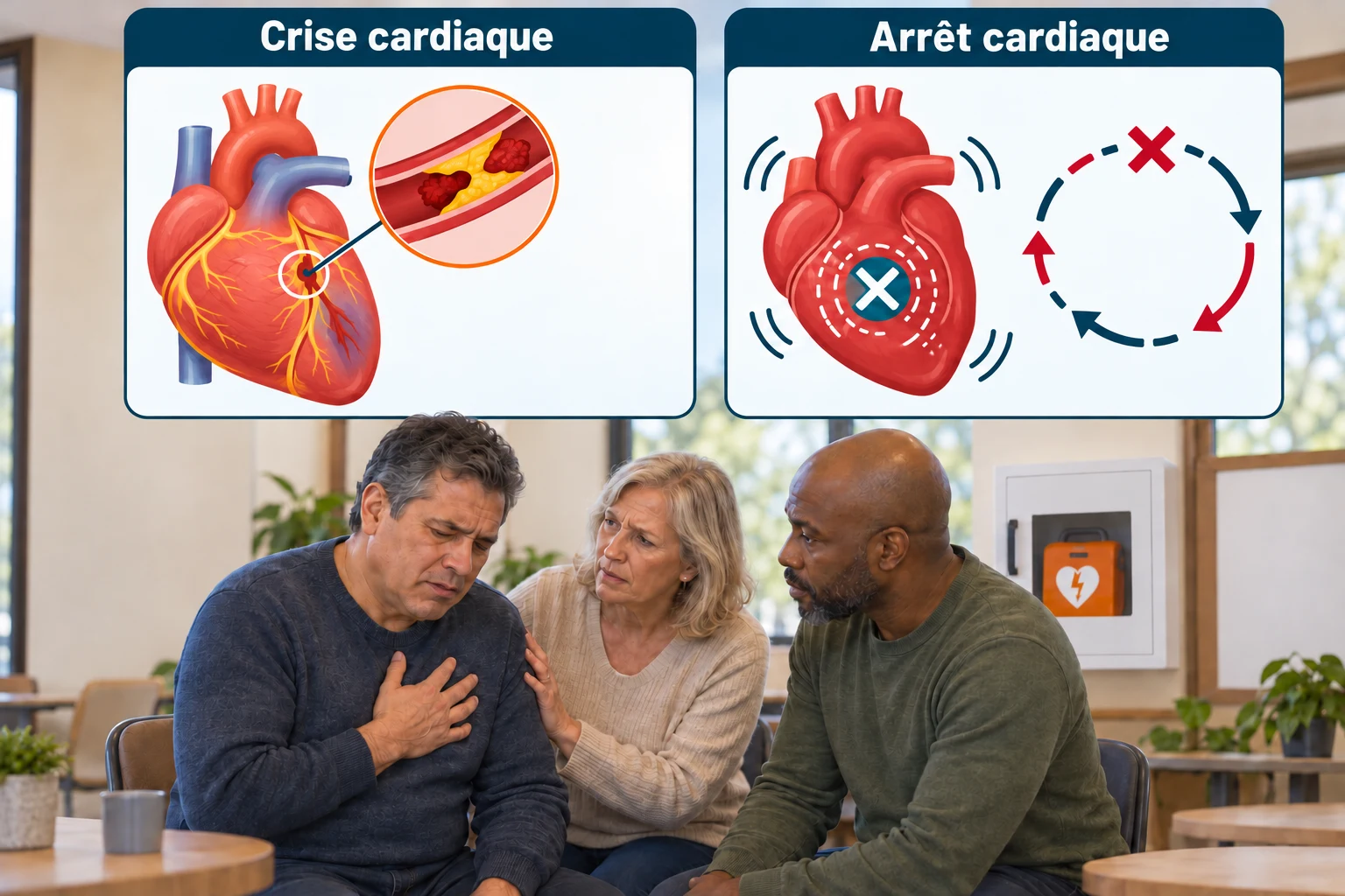 À gauche, crise cardiaque : arrivée du sang bloquée. À droite, arrêt cardiaque : pompage inefficace. Des proches accompagnent une personne consciente.
