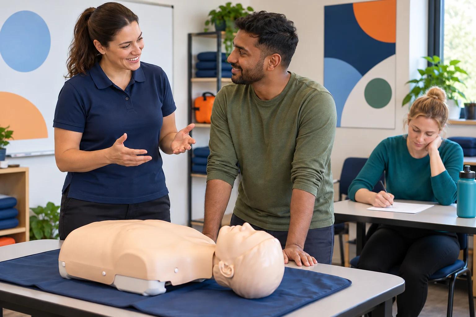 An instructor gives feedback beside a practice manikin while another learner completes a knowledge check.