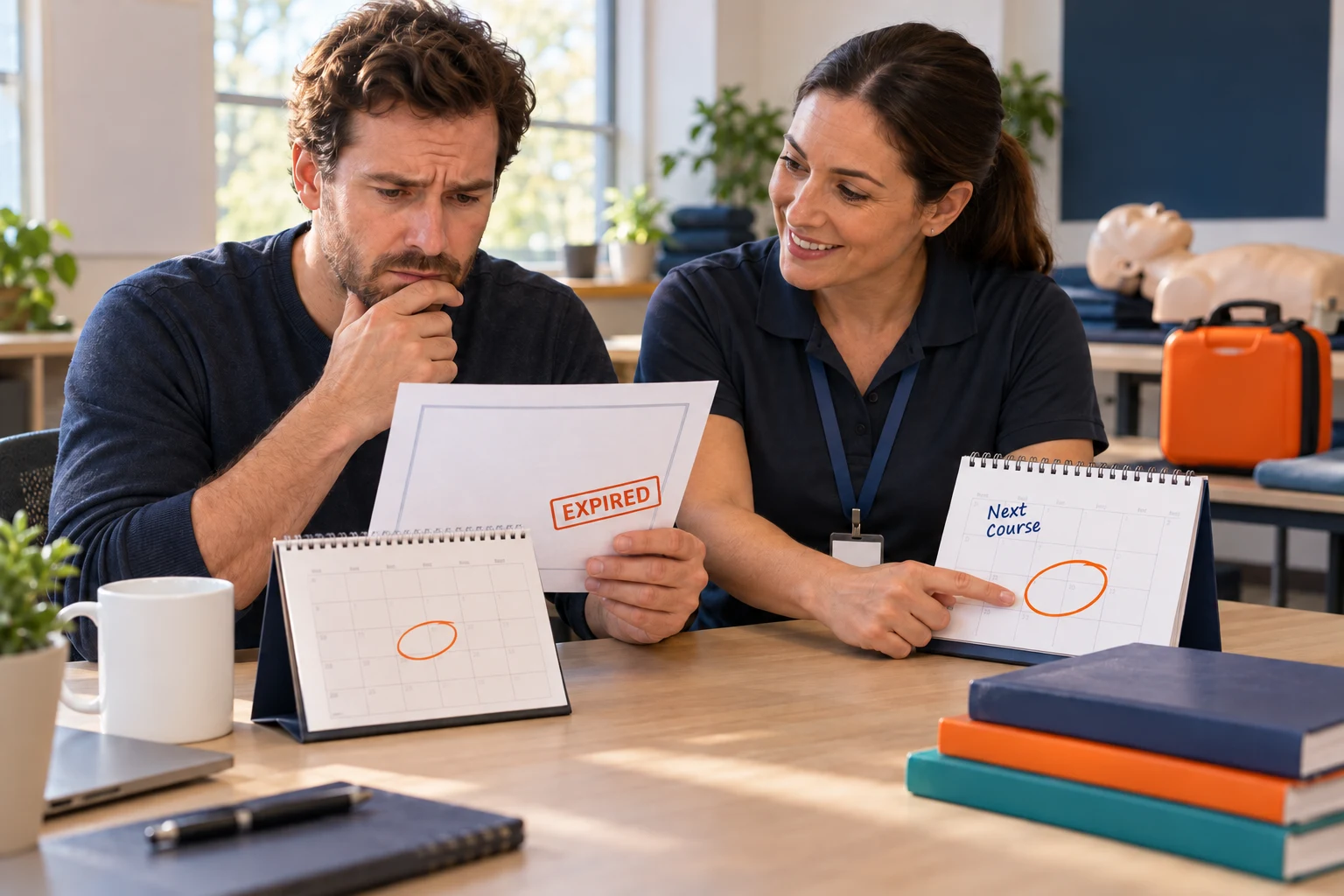 A learner reviews an expired certificate while an instructor helps plan the next course date.