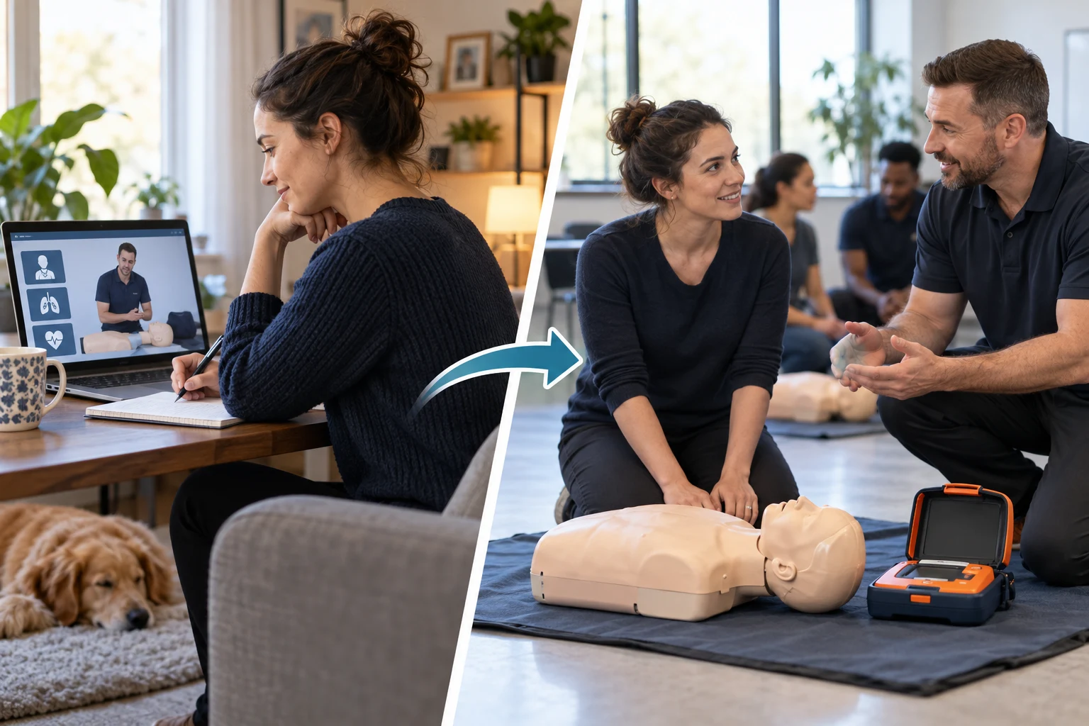 Une participante étudie à l’ordinateur, puis pratique en classe avec un formateur et un mannequin.