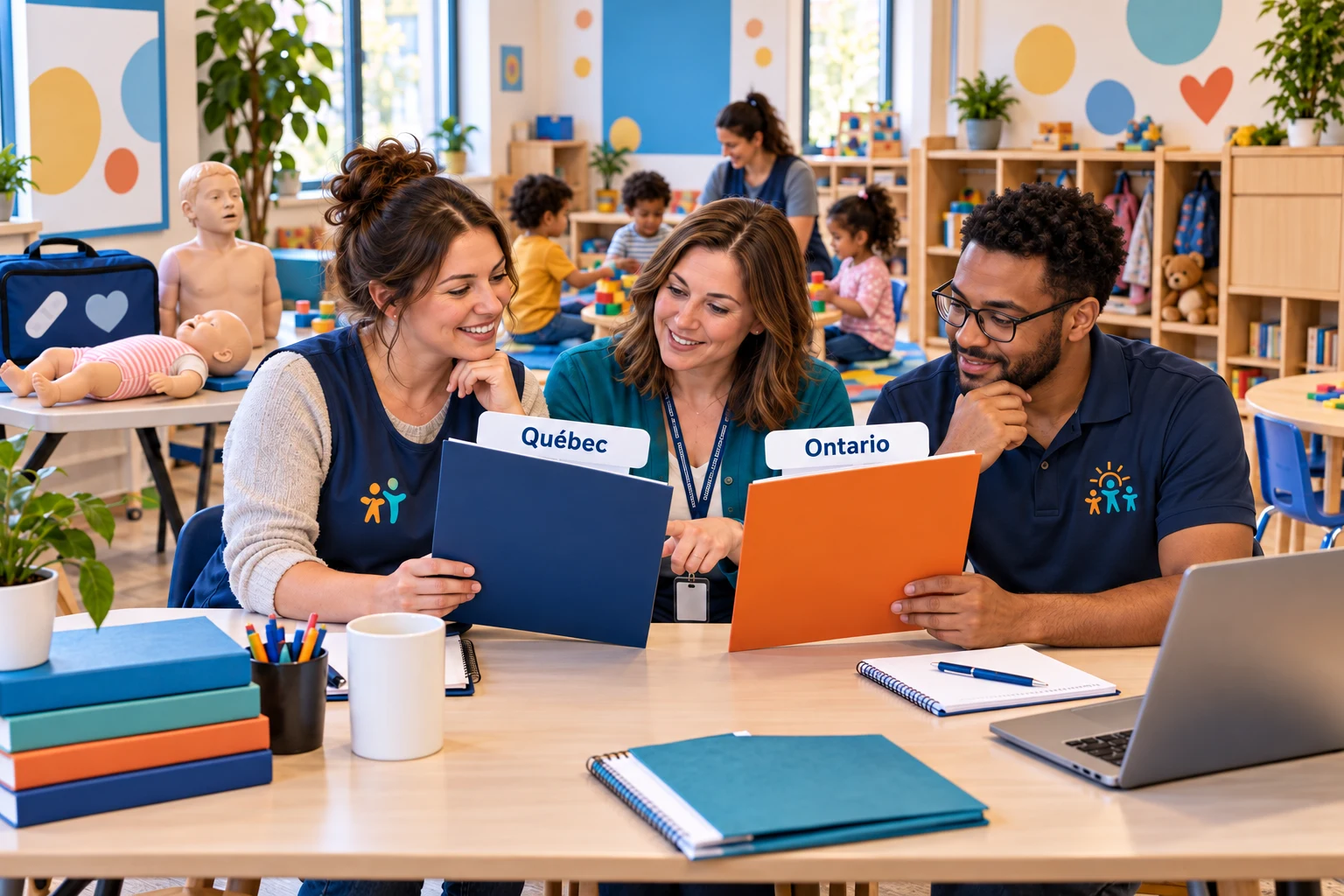 Daycare educators compare Quebec and Ontario training folders beside child and infant practice manikins.