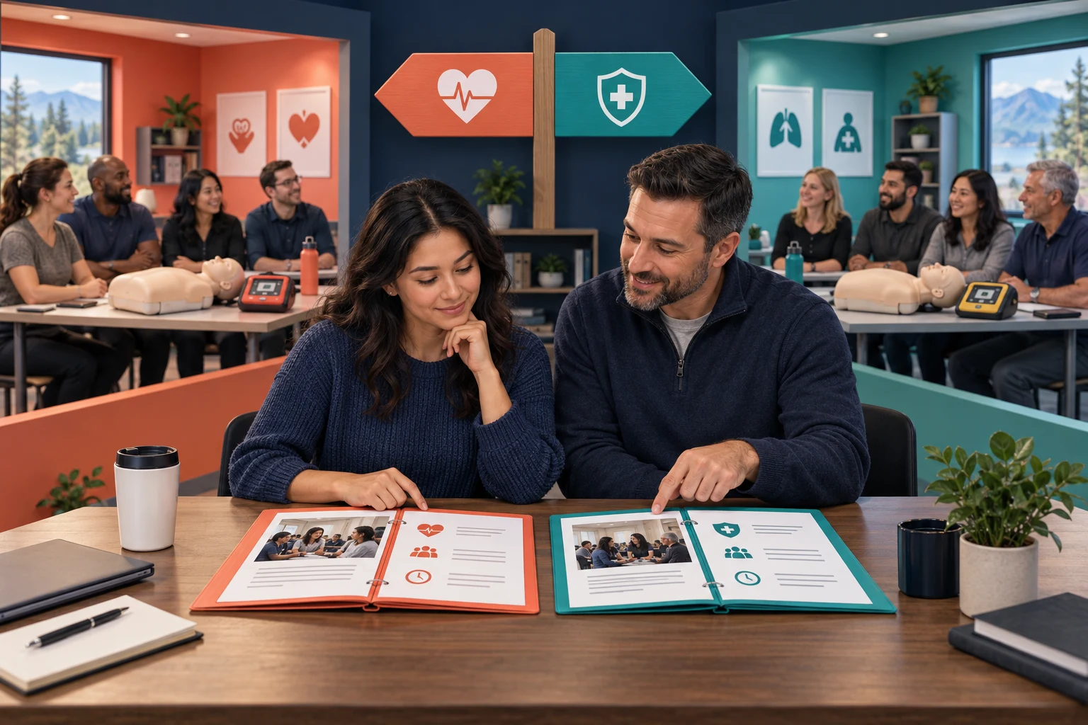 A learner and instructor compare two first aid training options with classroom equipment in the background.