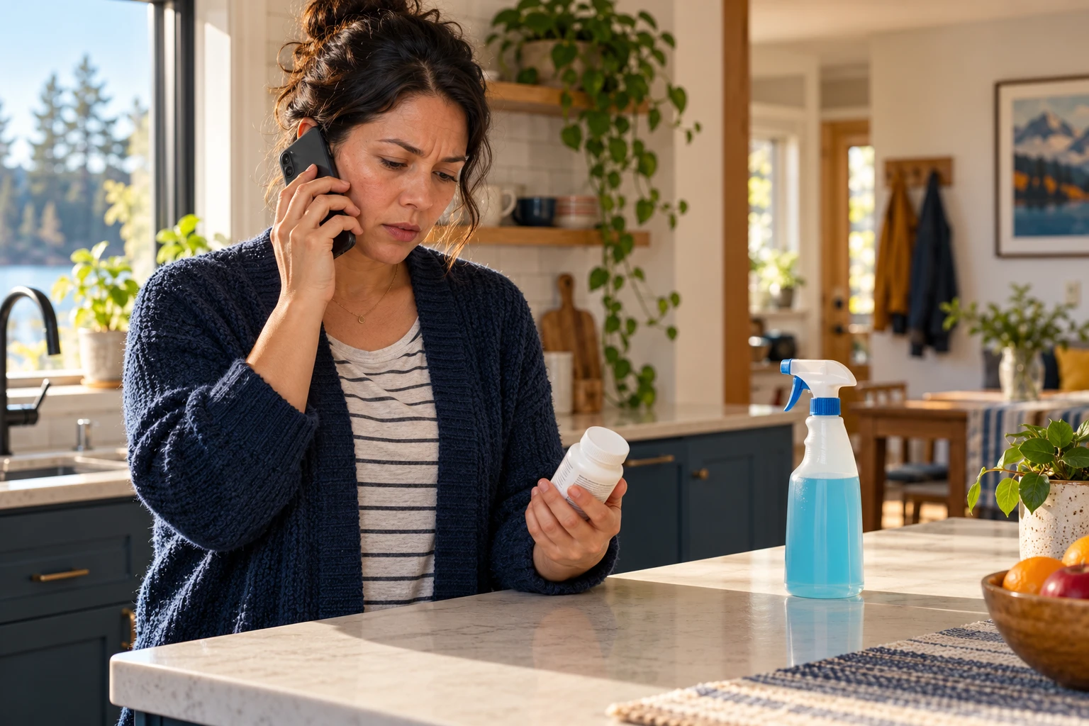 Illustration of an adult checking a medicine container while calling for poison advice in a kitchen.