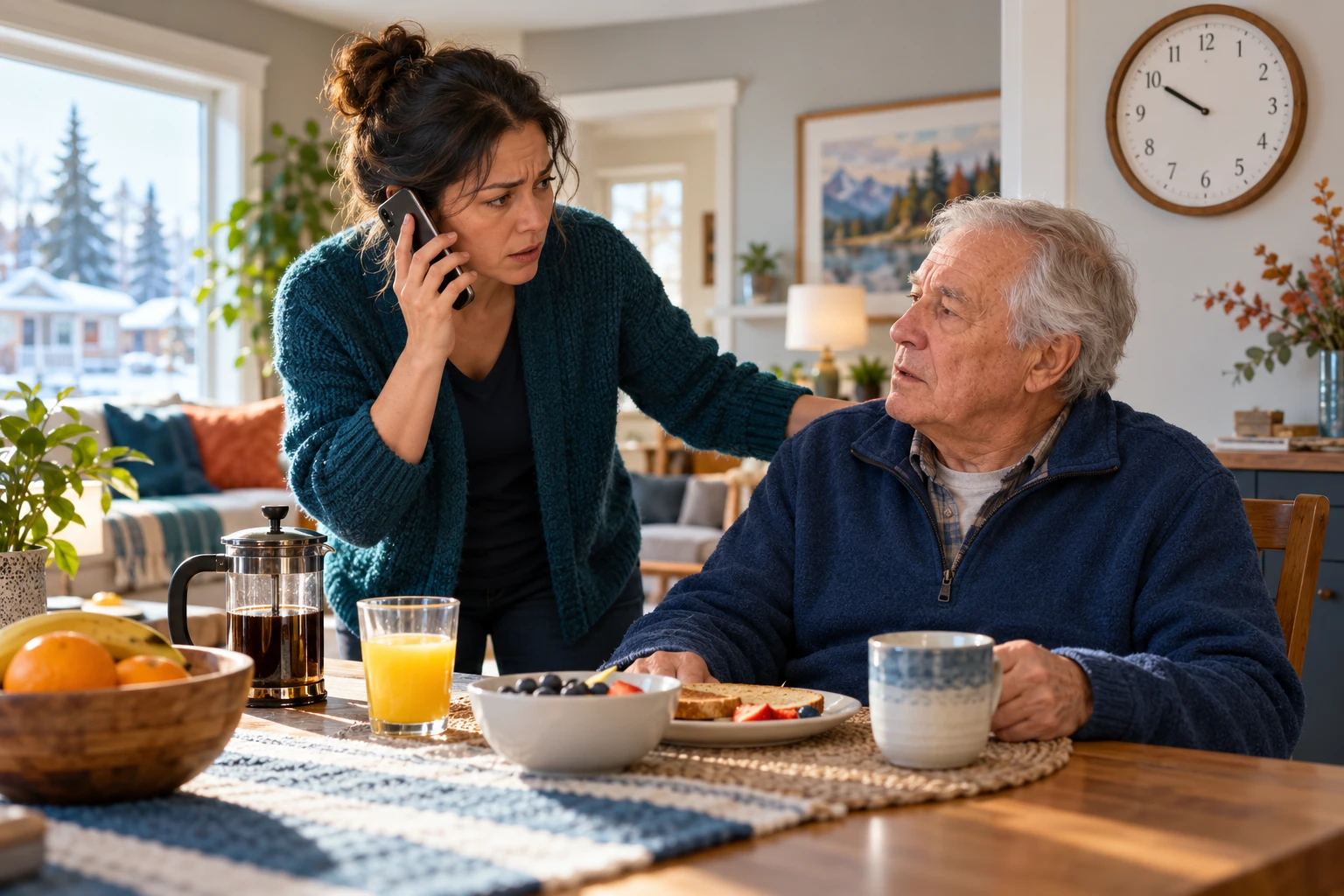 Illustration of a family member calling for help beside an older adult at breakfast, with a clock behind them.