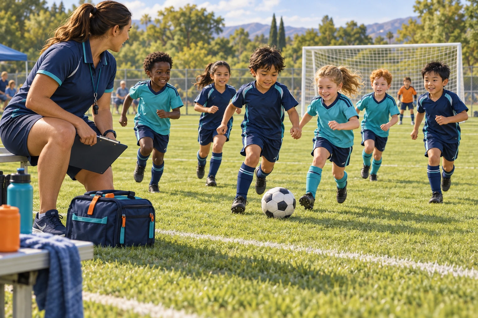 Une entraîneuse surveille des enfants qui jouent au soccer près d’une trousse de premiers soins, avec un but sur le terrain.