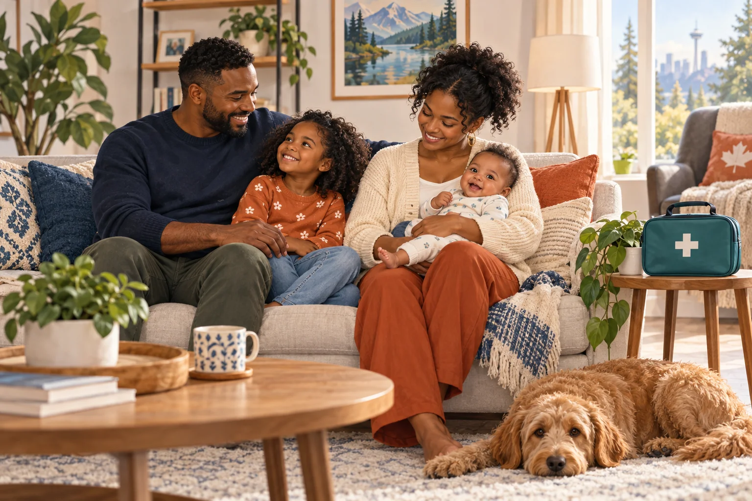 Illustration of parents with their child and baby at home, with a first-aid kit nearby.